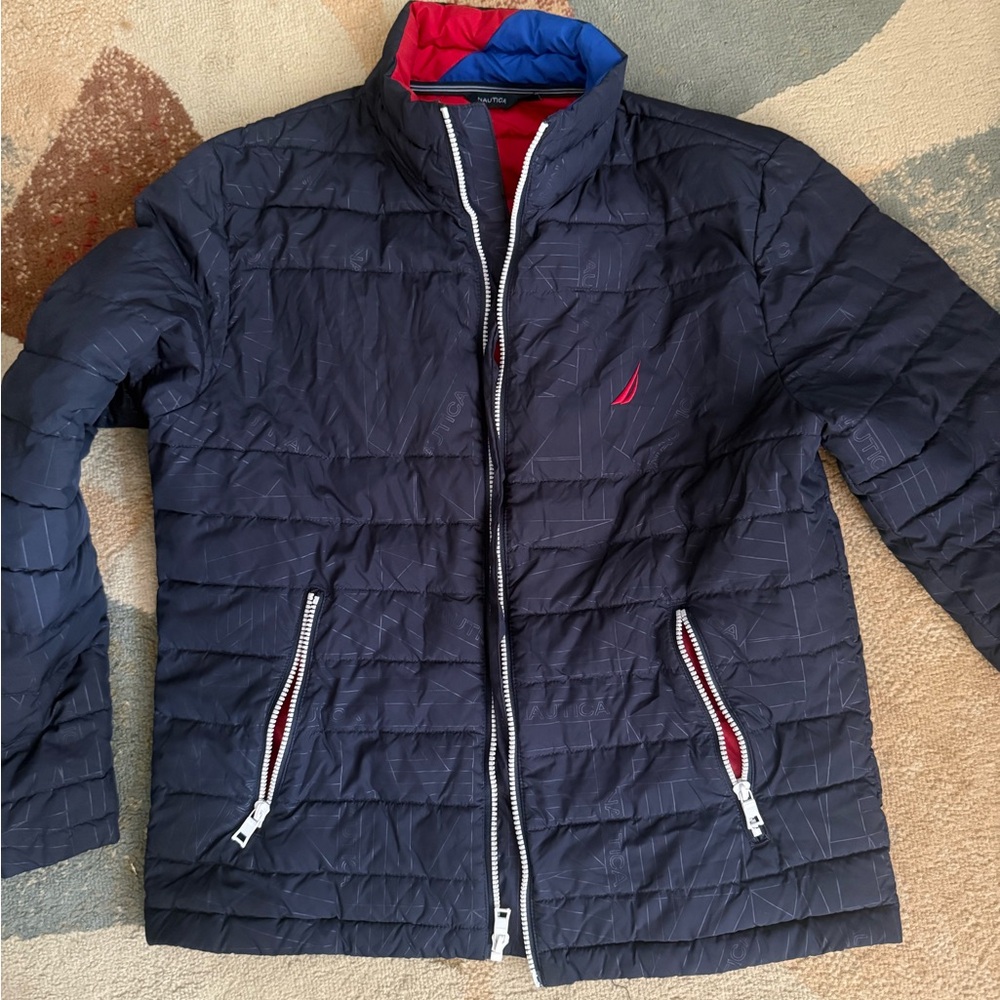 Nautica Men's Dark Blue and Red Puffer Jacket